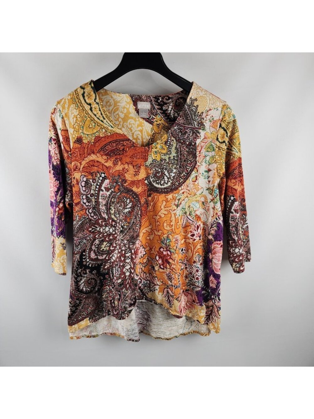 Chicos Shirt Womens 3 = XL Multi Paisley V-Neck 3/4 Sleeve Blouse